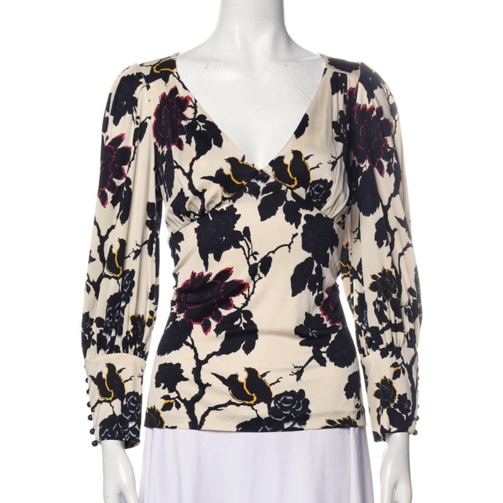 Diane von Furstenberg Vibrant Floral Blouse‎ Cream Navy Magenta V-Neck S
